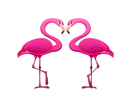 Cartoon flamingos forming a heart shape love symbol for valentine day. Isolated vector two pink flamingo birds facing each other, forming a heart shape with their necks, symbolizing romantic relationsのイラスト素材