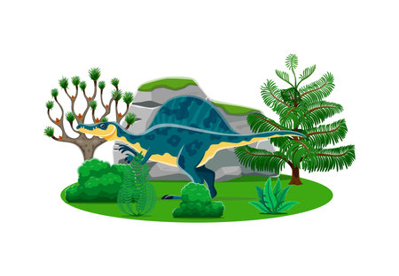 Dinosaur, cartoon prehistoric Oxalaia or Jurassic dino character, vector lizard. Dinosaur Oxalaia species of Jurassic era in jungle forest park for kids paleontology animal lizards or cartoon dinoのイラスト素材