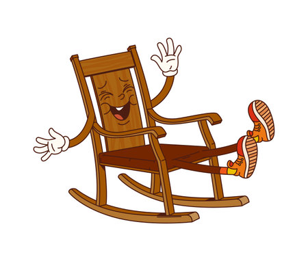 Cartoon rocking chair groovy furniture character full of life and joy, featuring a smiling face and sneakers. Isolated vector retro home interior item, vintage furnishing personage evokes funky vibeのイラスト素材