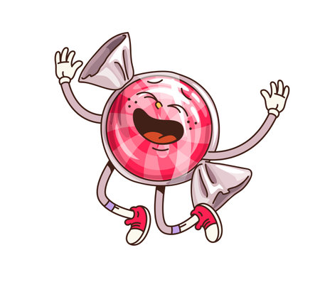 Groovy retro cartoon caramel candy sweet character with funny face, vector emoji. Funky groovy hard candy or pink lollipop caramel in wrapper with crazy smile and laughing character in retro cartoonのイラスト素材