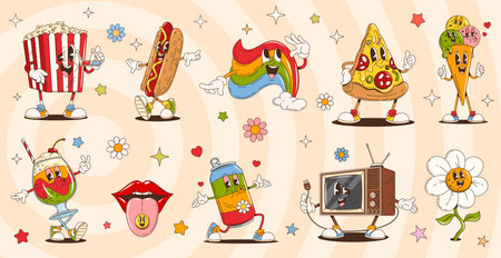 Cartoon groovy characters of funny fast food and drink. Retro psychedelic personages of hippie rainbow, daisy flowers and smile lips with tongue. Vintage groovy pizza, hot dog, ice cream and soda canのイラスト素材