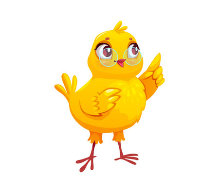 Cartoon baby chick happy character wearing glasses. Farm baby hen cheerful character, spring newborn chick animal or Easter holiday chicken happy vector mascot. Farm small baby animal cute personageのイラスト素材