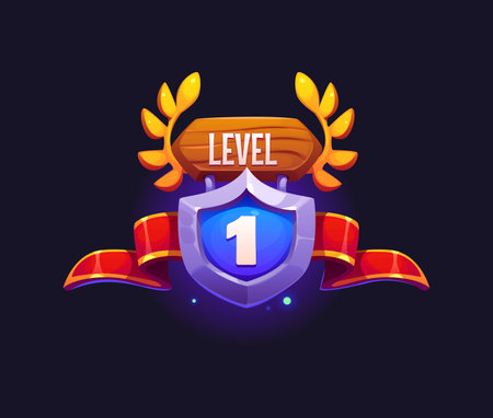 Game level up badge or victory rank shield with ribbon, vector icon. Level one 1 game badge for mission completion reward or rate rank badge with laurel wreath and blue crystal gem for game awardのイラスト素材