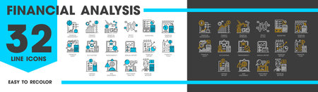 Line icons of financial analysis, accounting, tax revenue and budget. Business, investment and finance vector outline symbols with financial analysis report graphs, profit and risk assessments chartsのイラスト素材
