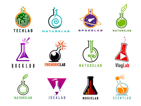 Science and art lab icons. Laboratory glass flask, test tube or beaker isolated vector symbols with green leaf, apple, microscope and spaceship. Science, nature, space, tech and music lab signs setのイラスト素材