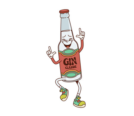 Cartoon retro groovy alcohol gin bottle character dancing joyfully with a happy expression. Isolated playful vector bottle personage is labeled Gin Classic and wears sneakers, exuding retro vibeのイラスト素材