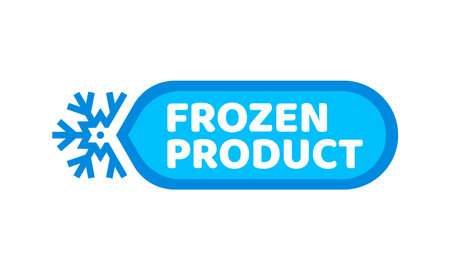 Blue frozen cold product ice crystal icon. Refrigerated meat or seafood isolated vector label, frozen fish packaging or deep freezing food product, keep cold icon or symbol with snowflakeのイラスト素材