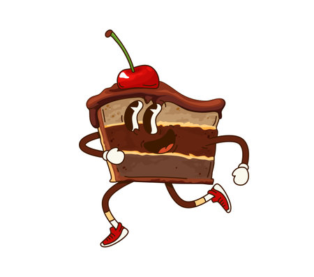 Funny groovy cake dessert character with glossy chocolate glaze, porous biscuit and red cherry on top. Cartoon vector playful and charming brownie tart, sweet food treat retro hippie y2k personageのイラスト素材