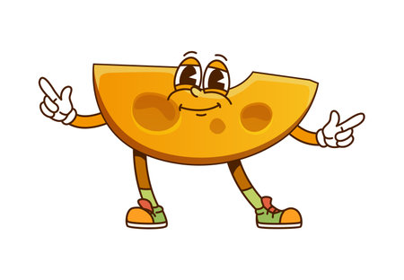 Funny groovy cheese piece character. Edam dairy product, camembert hard cheese slice or cheddar dairy food chunk funny groovy vector character, parmesan piece cheerful isolated cartoon personageのイラスト素材