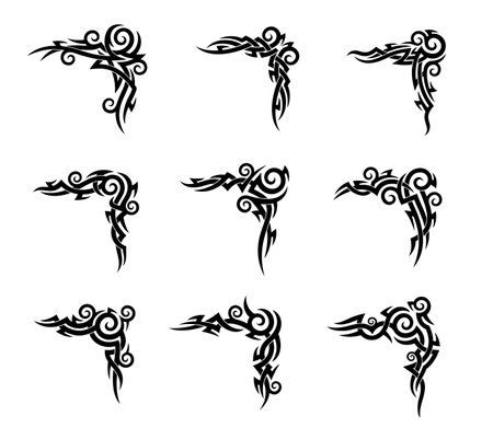 Celtic or Maori tribal tattoo with Polynesian or Hawaiian pattern ornament, vector art design. Abstract tribal tattoo set of intricate sharp thorn line in Maori or Celtic tribal design or modern styleのイラスト素材