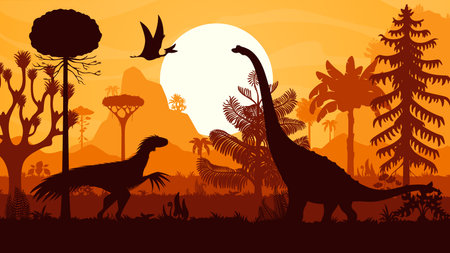 Giant prehistoric dinosaurs silhouettes vector background with trees, mountains and setting sun. Titanosauria, quetzalcoatlus and therizinosaurus dinosaur animal silhouettes in jungle forest at sunsetのイラスト素材