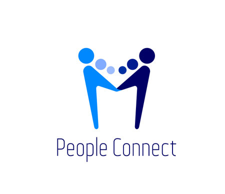 Community or teamwork connect people together icon, union and family vector emblem with two stylized human figures in blue color hues, holding hands, symbolize unity, partnership, contact and supportのイラスト素材