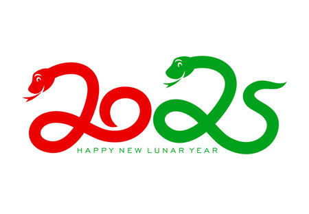 2025 Chinese Lunar New Year snake for calendar date number with greeting, vector symbol. Happy New Year and 2025 number in snakes for Chinese lunar winter holiday calendar date and creative font textのイラスト素材