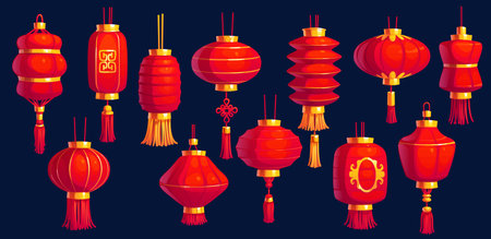 Cartoon chinese festival red lanterns, asian chinatown lamps, vector New Year hanging decoration of China, Japan and Korea. Red paper chinese lanterns with tassels, oriental gold ornaments and knotsのイラスト素材