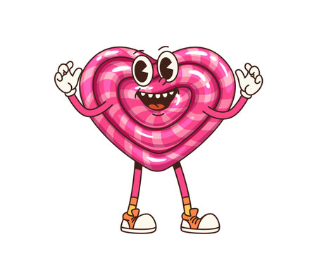 Retro groovy heart sweet candy character. Isolated cartoon vector striped caramel or toffee with playful expression, extending its arms expressing love, fun and affection for Valentine day celebrationのイラスト素材