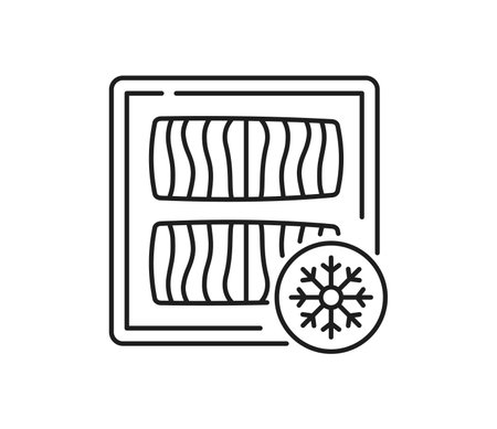 Salmon fish meat frozen fillet thin line icon. Fish meat culinary ingredient outline icon, seafood fresh product linear vector symbol or sign with salmon or tuna processed and frozen steak packageのイラスト素材