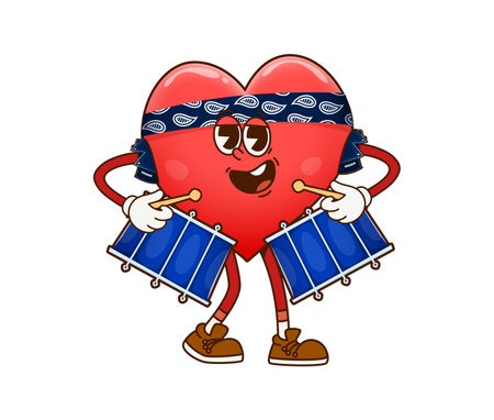 Cartoon groovy heart character playing on drums, vector comic emoji. Valentine day, love and wedding groovy cute heart character with happy smile on face in hippie bandana playing music on drumsのイラスト素材