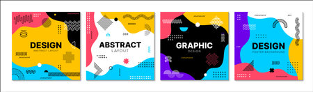 Abstract geometric memphis banners with vector line graphic pattern background. Simple geometric shapes made of modern minimal line patterns with dots, waves and crosses, memphis banners or coversのイラスト素材