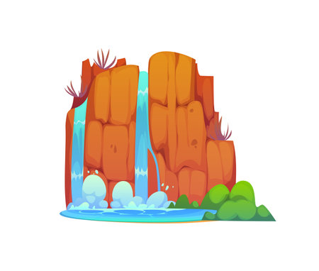 Waterfall water cascade or river falling from mountain rock, nature scene in cartoon vector. Waterfall cascade falling between mountain rocks into lake, water or brook stream on island or forestのイラスト素材