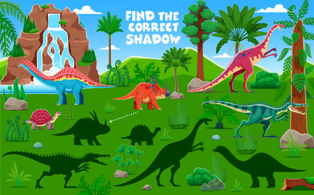 Kids game worksheet, find the correct shadow of prehistoric dinosaurs. Vector educational riddle featuring dino species in tropical forest engaging kids matching each dinosaur to its correct shadowのイラスト素材