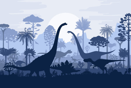 Tropical rainforest with prehistoric dinosaurs silhouettes in jungle forest, vector background. Dinosaurs, dino lizards and reptiles silhouettes in Jurassic rainforest for museum or paleontology atlasのイラスト素材