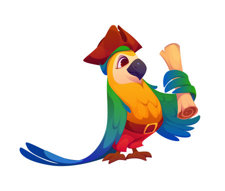 Cartoon funny parrot bird pirate captain character holding a map. Isolated vector feathered corsair personage with cocked hat, ready for high seas nautical adventures and searching hidden treasuresのイラスト素材