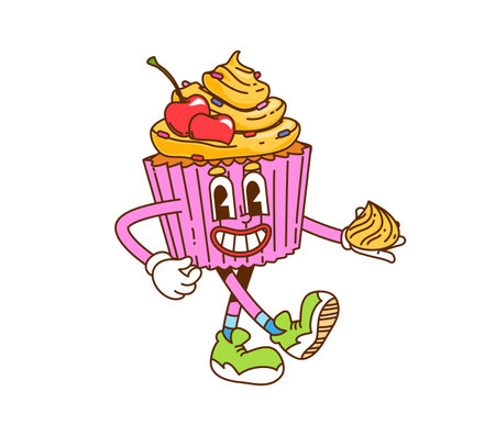Retro cartoon groovy cupcake hippie fast food character. Vector muffin bakery and pastry personage topped with cream and cherries, joyfully holding creamy dollop with happy face, exudes playful vibeのイラスト素材