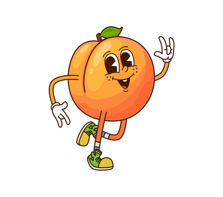 Cartoon funny groovy apricot fruit character with a leaf, waving cheerfully with retro vintage, y2k, hippie vibe. Isolated vector ripe, healthy fruit personage wears shoes and smile, gives off a funのイラスト素材