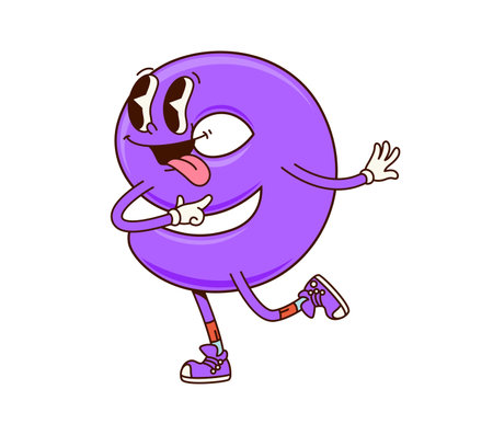 Groovy math number 9 Nine cartoon character with funny face, vector funky numeral. Groovy number 9 or Nine numeral with silly smile and freaky tongue out for kids mathematics or font cartoon characterのイラスト素材