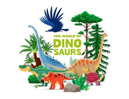 Prehistoric dinosaurs park banner with vector dino animal, reptile and bird characters. Cartoon funny brachiosaurus, allosaurus and argentavis, titanosauria, carbonemys and arrhinoceratops dinosaursのイラスト素材