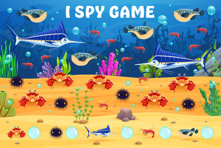 I spy game worksheet with underwater sea animals. Vector educational activity, riddle for spotting cartoon crabs, fish, swordfish, urchin and pufferfish on the ocean bottom, enhancing counting skillsのイラスト素材