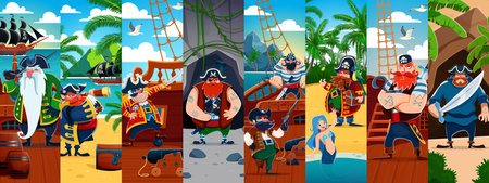 Cartoon pirate sailors and corsair characters collage of captain skipper, vector background. Caribbean adventure collage with pirate ship at treasure island, mermaid siren and corsair sailor with gunのイラスト素材