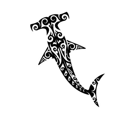 Maori tribal hammerhead shark animal tattoo. Samoan tribe sea animal pattern vector symbol, New Zealand culture ocean life or Hawaiian ethnic marine nature tattoo. Polynesian Maori tribal shark printのイラスト素材