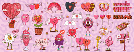 Cartoon groovy Valentines Day characters and love symbols. Retro hippie Valentine pink heart, flower and candy vector personages. Groovy Valentines letter envelope, cake, hippy daisy and heart peaceのイラスト素材