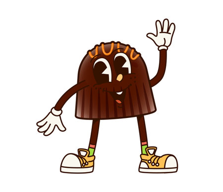 Groovy chocolate candy character with cheerful and sweet expression, adorned with topping drizzles, wearing colorful retro sneakers and waving hand, exudes funky and playful retro hippie vibesのイラスト素材