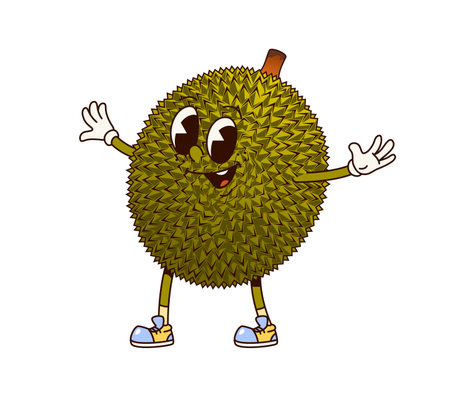 Cartoon groovy durian fruit, funny character with happy smiling face, vector funky comic. Groovy retro cartoon tropical fruit durian with smile and silly expression and good vibe relax gestureのイラスト素材