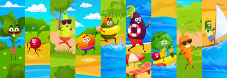Cartoon raw vegetable characters collage of funny veggie on summer holiday, vector background. Cute vegetable characters at sea beach, cucumber on windsurf and broccoli with eggplant on banana boatのイラスト素材