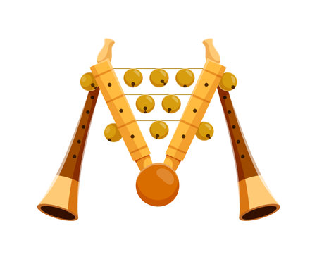 Flute and bell tambourine musical instrument font M letter. Acoustic woodwind instrument latin alphabet symbol, sound festival music equipment English ABC vector element, font or typeset letterのイラスト素材