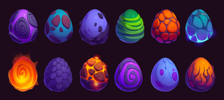 Dragon and dinosaur monster eggs, game asset. Vector UI elements of cartoon fantasy crystal ice, fire flame, magma and cracked stone eggs of dino reptile, fairytale dragon animal or phoenix birdのイラスト素材