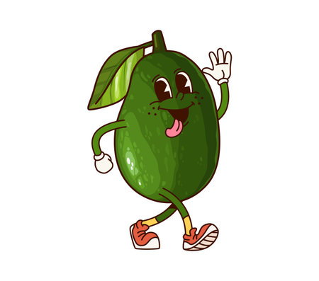 Groovy avocado vegetable character. Isolated cartoon vector tropical fruit personage with sticking tongue, sneakers and cheerful face, waving hand and representing relaxed, fun and playful retro vibesのイラスト素材