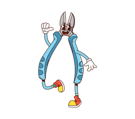 Groovy wire cutters, DIY or repair tool character with funny face, cartoon vector. Groovy wire cutters or pliers tool character with freaky smile for building or DIY repair tool in retro cartoonのイラスト素材