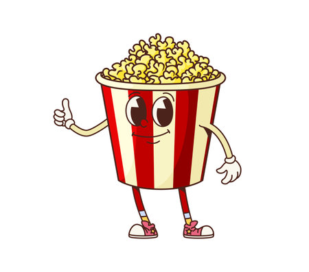 Groovy fast food popcorn bucket retro cartoon character with thumb up, vector emoji. Groovy popcorn bucket with funny face for fast food or cinema snacks and kids menu character in retro cartoonのイラスト素材