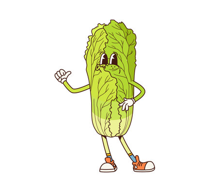 Funny groovy Chinese cabbage vegetable character with face, vector cartoon comic. Funky groovy napa cabbage with smile or happy emotion and thumb up gesture for salad vegetable hipster characterのイラスト素材