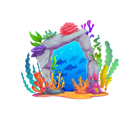 Magic game underwater sea portal, stone gate and door. Cartoon vector mystical doorway invites for adventure to unveil hidden realms and treasures on ocean depths and unlock secrets beneath the wavesのイラスト素材