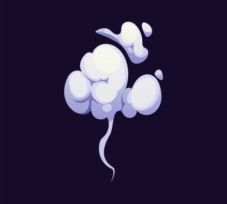 Cartoon thick, swirling smoke cloud rises into the sky. Isolated vector white and dense air flow curling in chaotic tendrils, casting eerie soft haze veil. Cigarette smog, hot drink steam or fog puffのイラスト素材