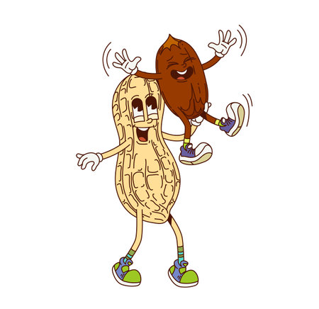 Groovy peanut characters, cartoon pod and nut enjoying a playful moment together. Isolated vector retro food personages with expressive faces convey fun and friendship, happiness and funky vibesのイラスト素材