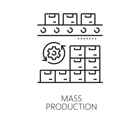 Mechanic robot manufacture line icon of automatic and manual mass production, vector pictogram. Manufacture robot conveyor and automated machine factory icon for robotic production technologyのイラスト素材