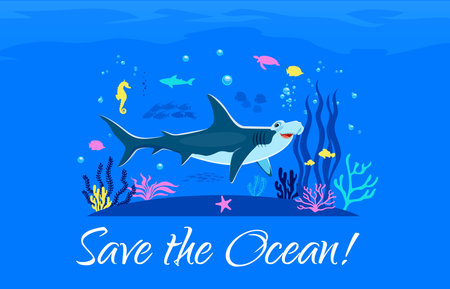 World oceans day banner with hammerhead shark in underwater, vector background. World Oceans Day banner for sea ecology environment conservation, underwater animals and coral reef fishes protectionのイラスト素材