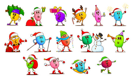 Christmas vitamin and micronutrient groovy characters. Cartoon festive capsules of b2, b1 and b9. C, b12, d or e, n, h, p, u, k engage in holiday activities like skiing, gifts, snowball fightsのイラスト素材