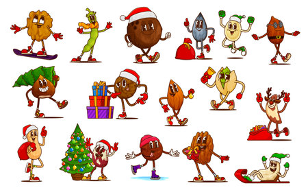 Christmas nut and bean groovy characters. Cartoon seeds dressed in festive xmas santa hats and scarves, engaging in holiday activities like sledding, gifts giving, decorating promoting healthy eatingのイラスト素材